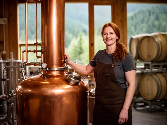 Distillery owner beside a new copper pot still
