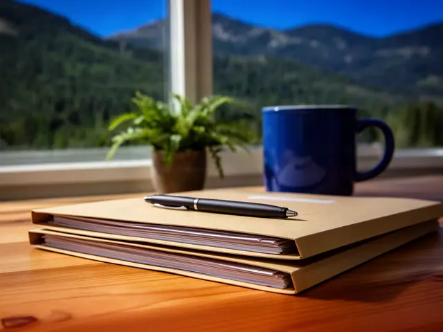 Stack of closed manila folders with a pen on a desk by a sunny window