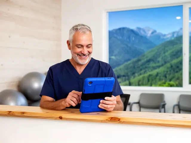 Office manager of a physical therapy and sports-injury clinic holding a tablet at the front desk