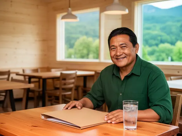 Owner of a farm-to-table restaurant reviewing accounts in the empty dining room