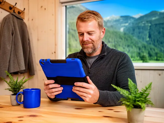 Owner of a craft-coffee cart and catering business reviewing finances on a tablet at a desk by a window