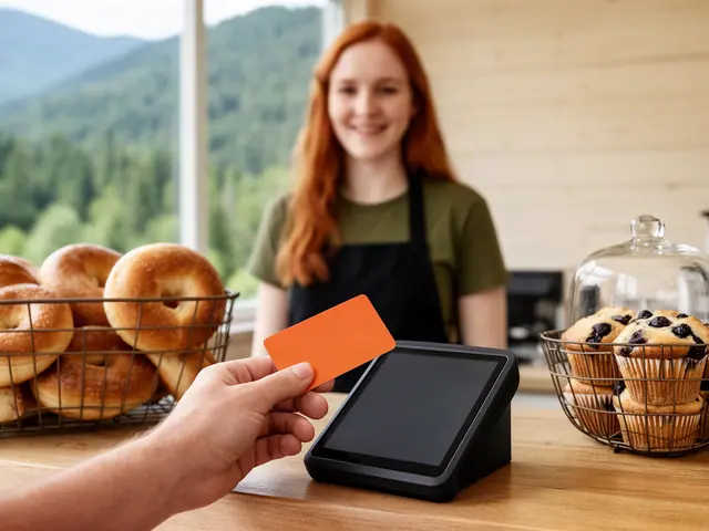 Customer tapping a card on a countertop terminal at a bagel and coffee shop